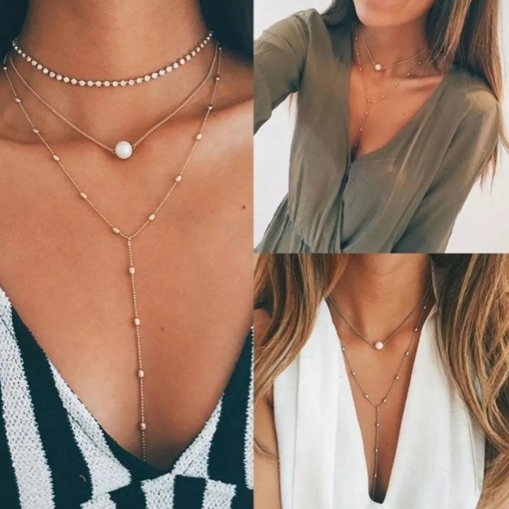 Fashion sexy pearl choker layered gold  necklace